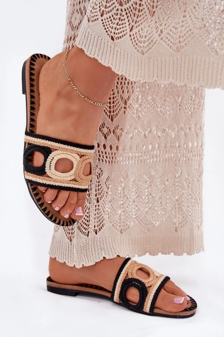 Szydełkowe Klapki Damskie Na Płaskim Obcasie Czarne Nirina