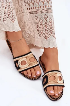 Szydełkowe Klapki Damskie Na Płaskim Obcasie Czarne Nirina