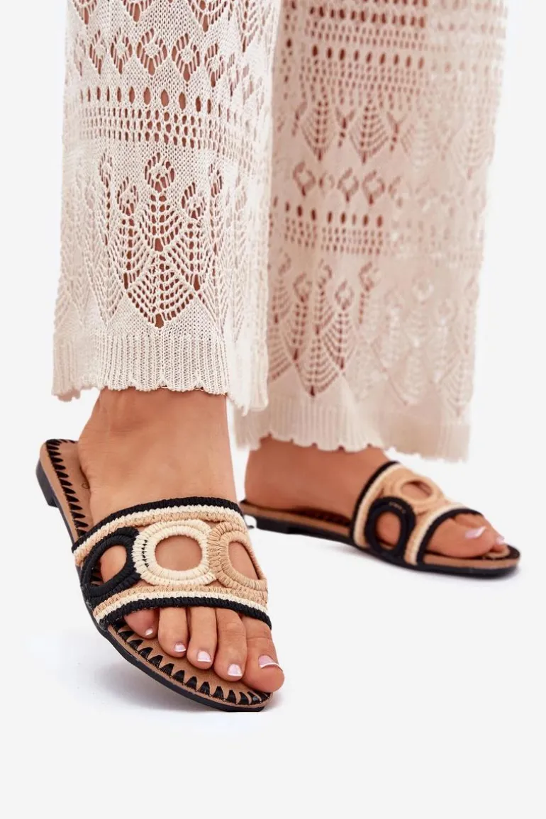 Szydełkowe Klapki Damskie Na Płaskim Obcasie Czarne Nirina