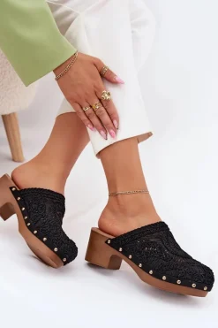 Szydełkowe Klapki Damskie Na Obcasie Czarne Senevia