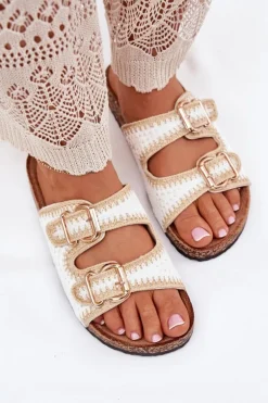 Szydełkowe Klapki Damskie Ze Złotymi Klamrami Białe Fenira