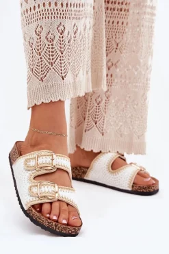 Szydełkowe Klapki Damskie Ze Złotymi Klamrami Białe Fenira