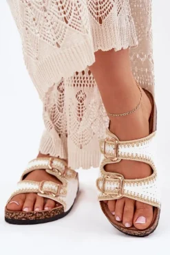 Szydełkowe Klapki Damskie Ze Złotymi Klamrami Białe Fenira