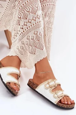 Szydełkowe Klapki Damskie Ze Złotymi Klamrami Białe Fenira