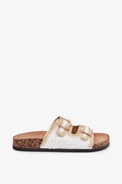 Szydełkowe Klapki Damskie Ze Złotymi Klamrami Białe Fenira