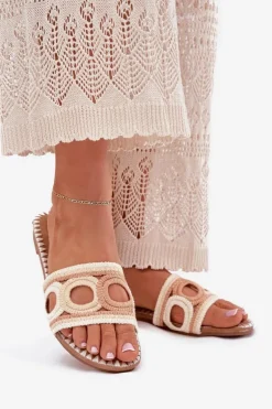 Szydełkowe Klapki Damskie Na Płaskim Obcasie Beżowe Nirina