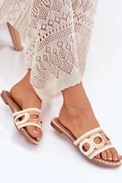 Szydełkowe Klapki Damskie Na Płaskim Obcasie Beżowe Nirina