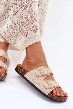 Szydełkowe Klapki Damskie Ze Złotymi Klamrami Beżowe Fenira