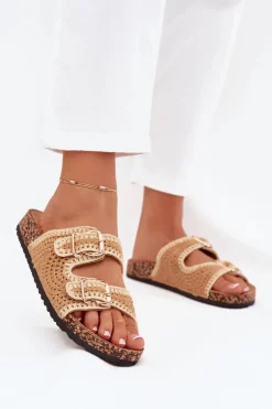 Szydełkowe Klapki Damskie Ze Złotymi Klamrami Camel Fenira