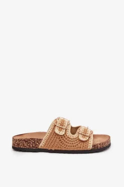 Szydełkowe Klapki Damskie Ze Złotymi Klamrami Camel Fenira