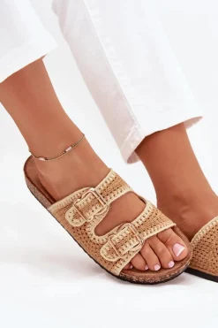 Szydełkowe Klapki Damskie Ze Złotymi Klamrami Camel Fenira