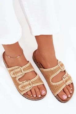Szydełkowe Klapki Damskie Ze Złotymi Klamrami Camel Fenira