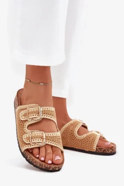 Szydełkowe Klapki Damskie Ze Złotymi Klamrami Camel Fenira