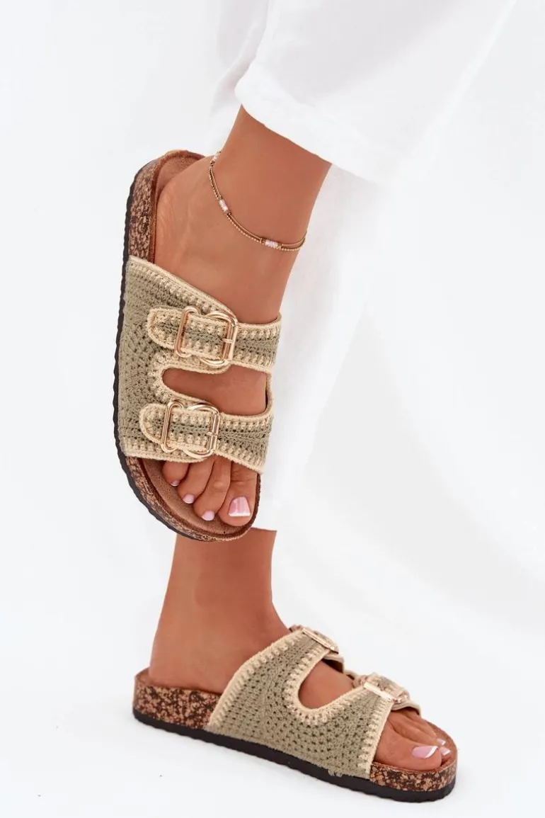 Szydełkowe Klapki Damskie Ze Złotymi Klamrami Zielone Fenira