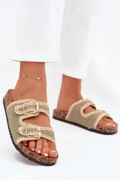 Szydełkowe Klapki Damskie Ze Złotymi Klamrami Zielone Fenira