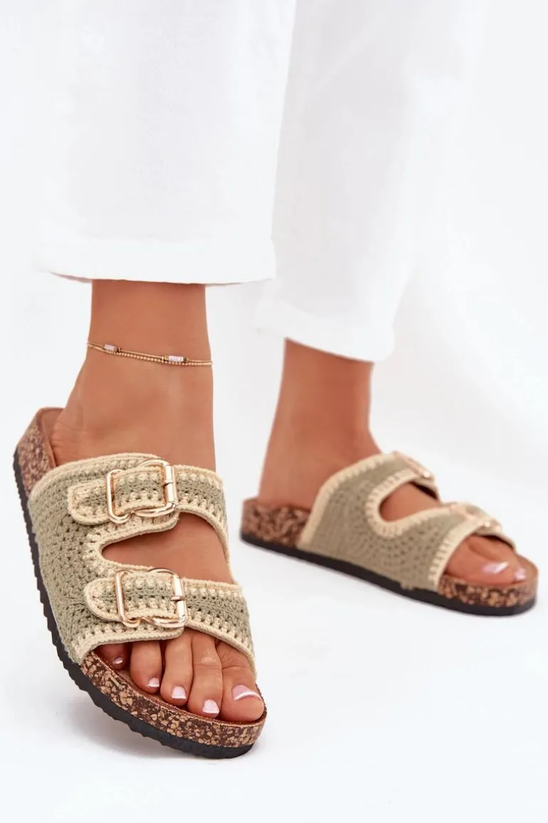 Szydełkowe Klapki Damskie Ze Złotymi Klamrami Zielone Fenira