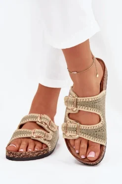 Szydełkowe Klapki Damskie Ze Złotymi Klamrami Zielone Fenira