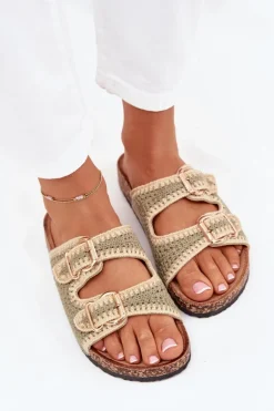 Szydełkowe Klapki Damskie Ze Złotymi Klamrami Zielone Fenira