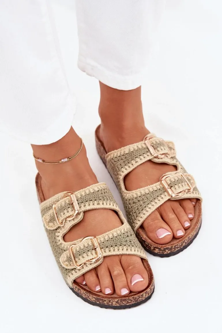 Szydełkowe Klapki Damskie Ze Złotymi Klamrami Zielone Fenira