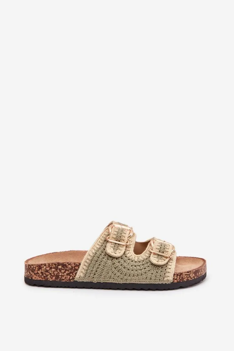 Szydełkowe Klapki Damskie Ze Złotymi Klamrami Zielone Fenira