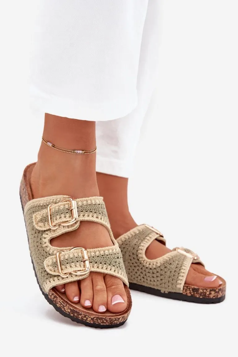 Szydełkowe Klapki Damskie Ze Złotymi Klamrami Zielone Fenira