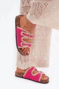 Szydełkowe Klapki Damskie Ze Złotymi Klamrami Fuksja Fenira