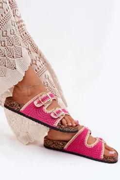 Szydełkowe Klapki Damskie Ze Złotymi Klamrami Fuksja Fenira