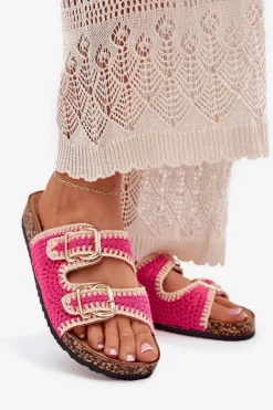 Szydełkowe Klapki Damskie Ze Złotymi Klamrami Fuksja Fenira