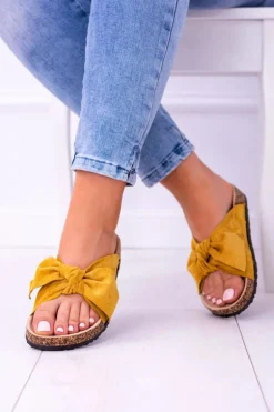 Żółte Damskie Klapki Z Kokardami Na Korku Sunshine
