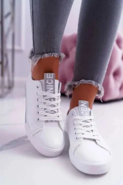 Trampki Damskie Białe Szary Pasek Nigrid