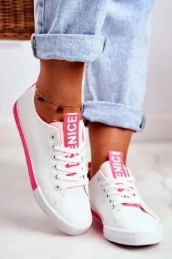Trampki Damskie Klasyczne Biało-Neonowo Różowe Ville