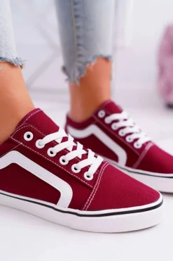 Trampki Damskie Materiałowe Bordowe Bestro