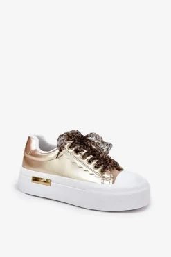 Trampki Damskie Na Masywnej Platformie Z Ozdobnym Sznurowaniem Złote Zidora