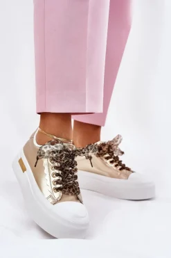 Trampki Damskie Na Masywnej Platformie Z Ozdobnym Sznurowaniem Złote Zidora