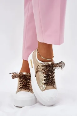 Trampki Damskie Na Masywnej Platformie Z Ozdobnym Sznurowaniem Złote Zidora