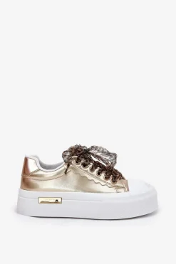 Trampki Damskie Na Masywnej Platformie Z Ozdobnym Sznurowaniem Złote Zidora