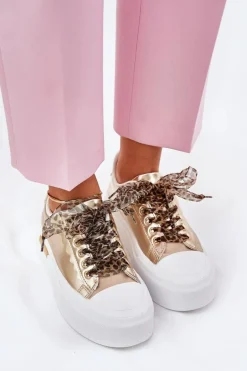 Trampki Damskie Na Masywnej Platformie Z Ozdobnym Sznurowaniem Złote Zidora