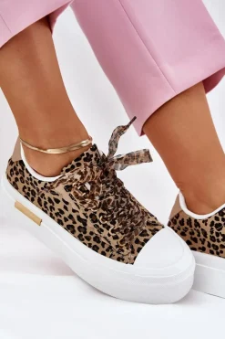 Trampki Damskie Na Masywnej Platformie Z Ozdobnym Sznurowaniem Panterka Brązowe Zidora