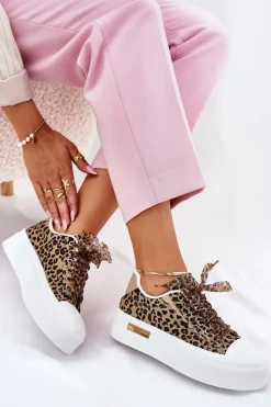 Trampki Damskie Na Masywnej Platformie Z Ozdobnym Sznurowaniem Panterka Brązowe Zidora