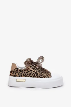 Trampki Damskie Na Masywnej Platformie Z Ozdobnym Sznurowaniem Panterka Brązowe Zidora