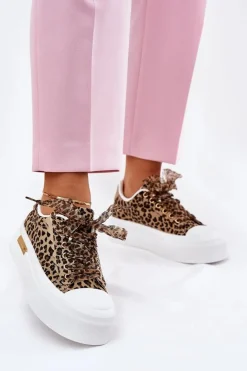 Trampki Damskie Na Masywnej Platformie Z Ozdobnym Sznurowaniem Panterka Brązowe Zidora