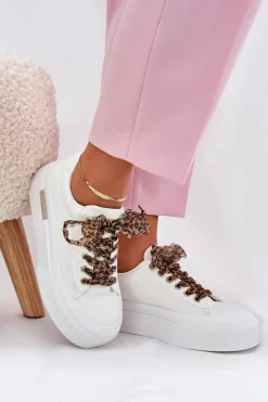 Trampki Damskie Na Masywnej Platformie Z Ozdobnym Sznurowaniem Białe Zidora