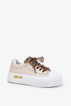 Trampki Damskie Na Masywnej Platformie Z Ozdobnym Sznurowaniem Beżowe Zidora