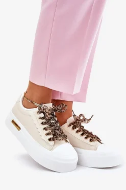 Trampki Damskie Na Masywnej Platformie Z Ozdobnym Sznurowaniem Beżowe Zidora