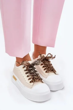 Trampki Damskie Na Masywnej Platformie Z Ozdobnym Sznurowaniem Beżowe Zidora