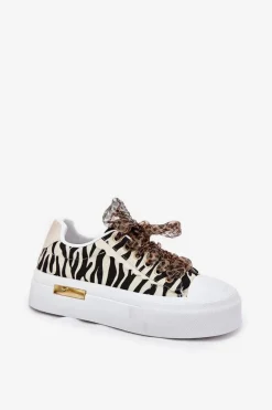 Trampki Damskie Na Masywnej Platformie Z Ozdobnym Sznurowaniem Zebra Czarno-Beżowe Zidora