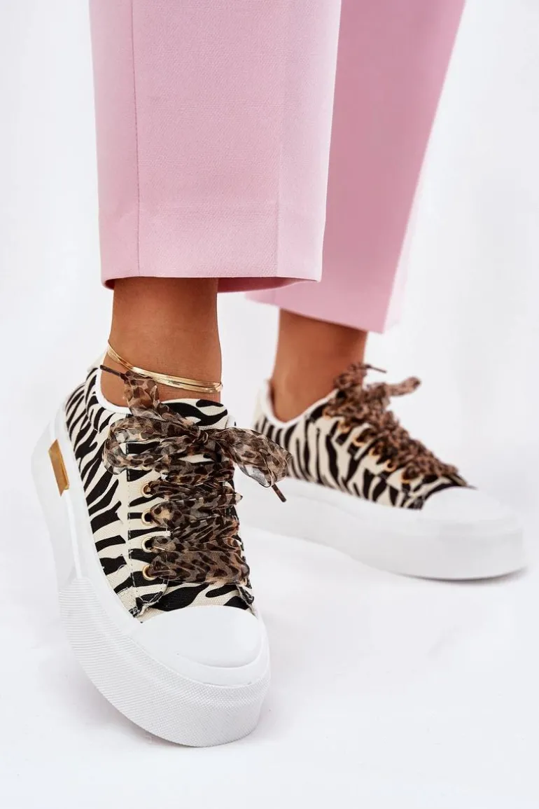 Trampki Damskie Na Masywnej Platformie Z Ozdobnym Sznurowaniem Zebra Czarno-Beżowe Zidora