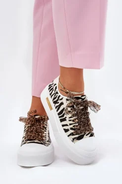Trampki Damskie Na Masywnej Platformie Z Ozdobnym Sznurowaniem Zebra Czarno-Beżowe Zidora