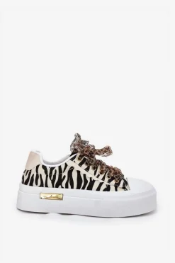 Trampki Damskie Na Masywnej Platformie Z Ozdobnym Sznurowaniem Zebra Czarno-Beżowe Zidora