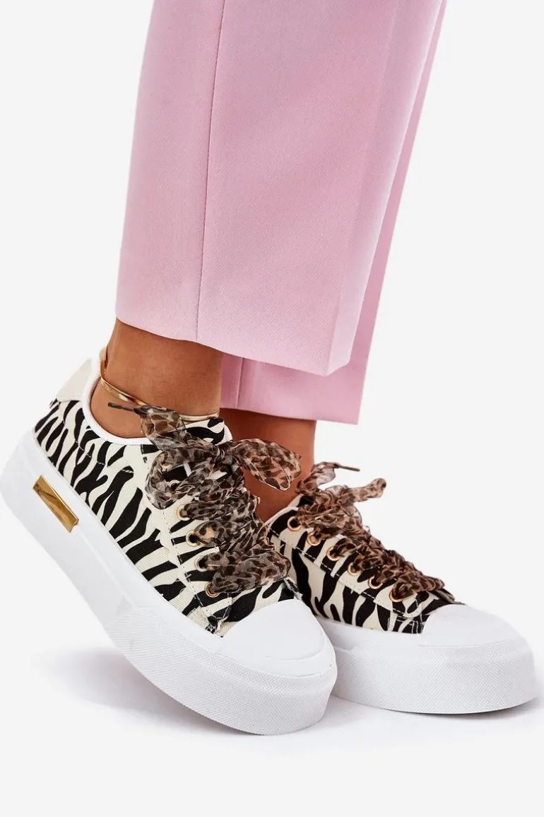 Trampki Damskie Na Masywnej Platformie Z Ozdobnym Sznurowaniem Zebra Czarno-Beżowe Zidora